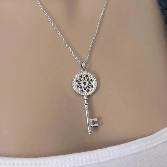 Silver Diamond Flower Key Pendant Necklace - Picture 5 of 5